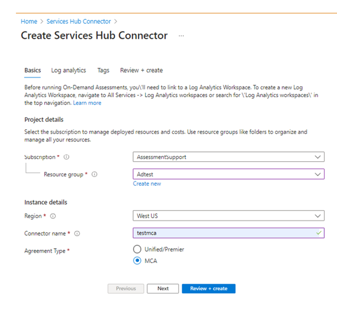 A exibição Criar Conector do Services Hub mostrando a guia Noções básicas.