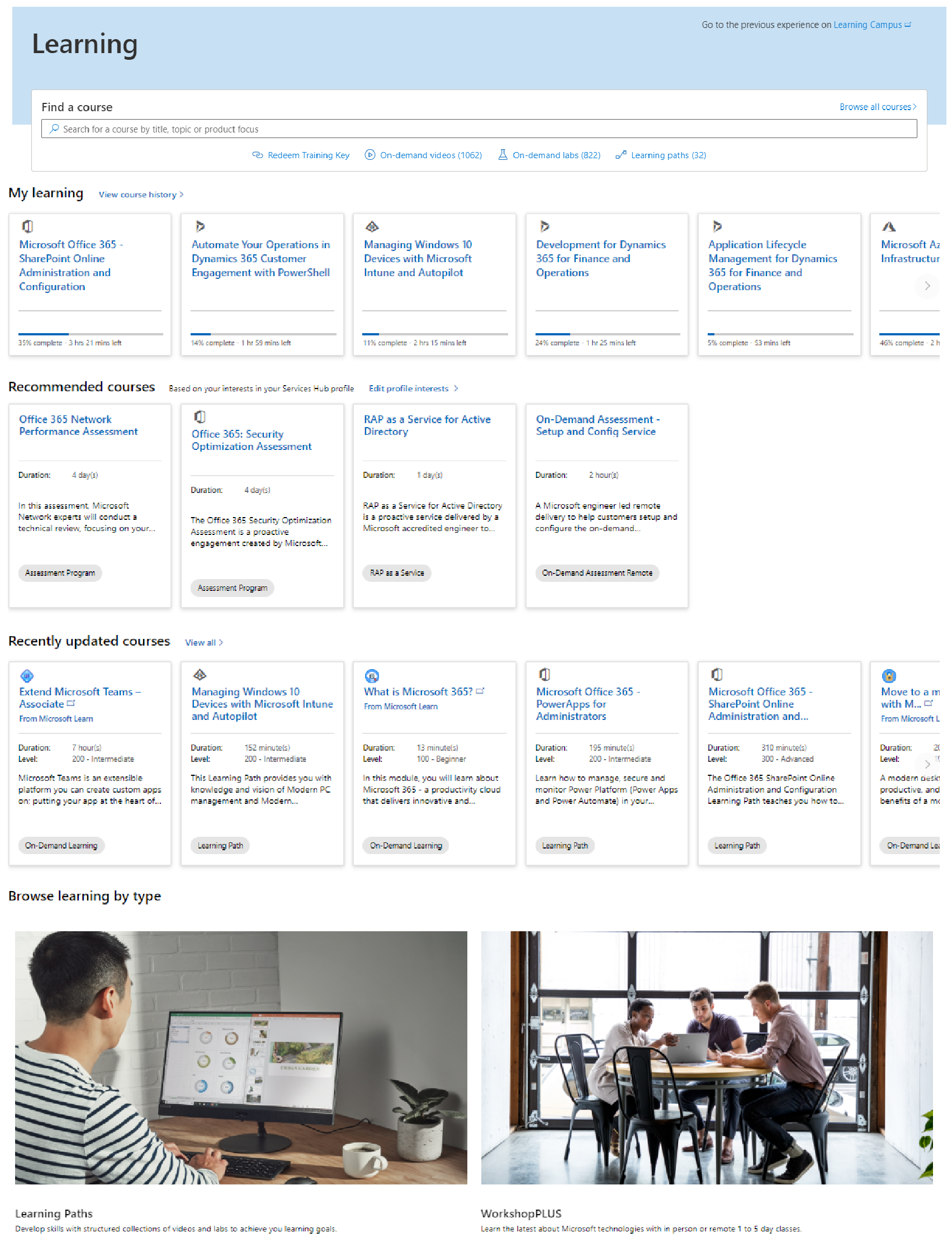 Página de Aterrissagem do Learning com Minha Aprendizagem e Caminhos de Aprendizagem que abrangem o Azure, o Office 365 e outras tecnologias.