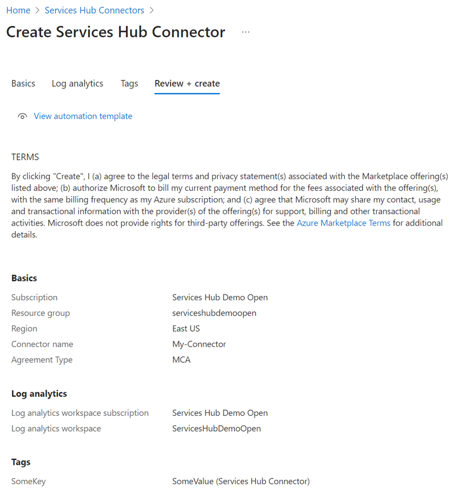 A guia onde é possível revisar seu Conector do Services Hub vNext Preview.