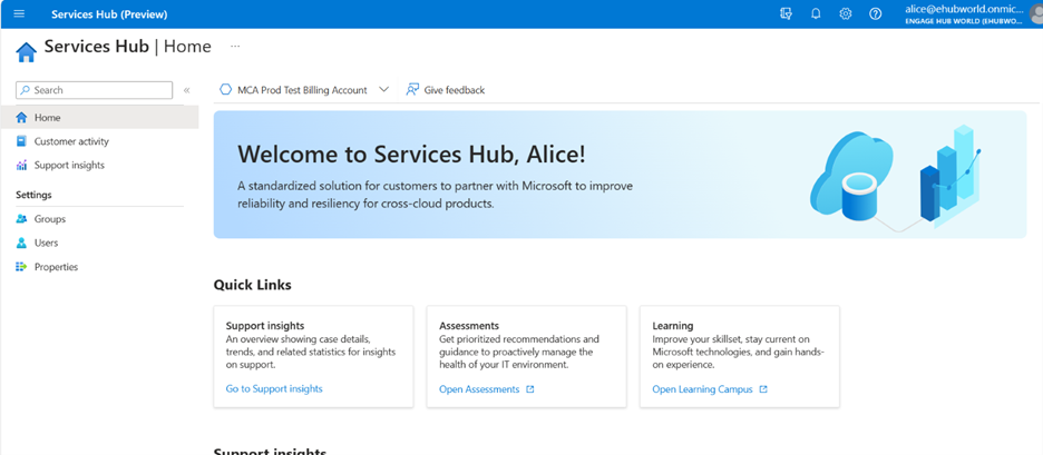 A página inicial do Services Hub vNext Preview.