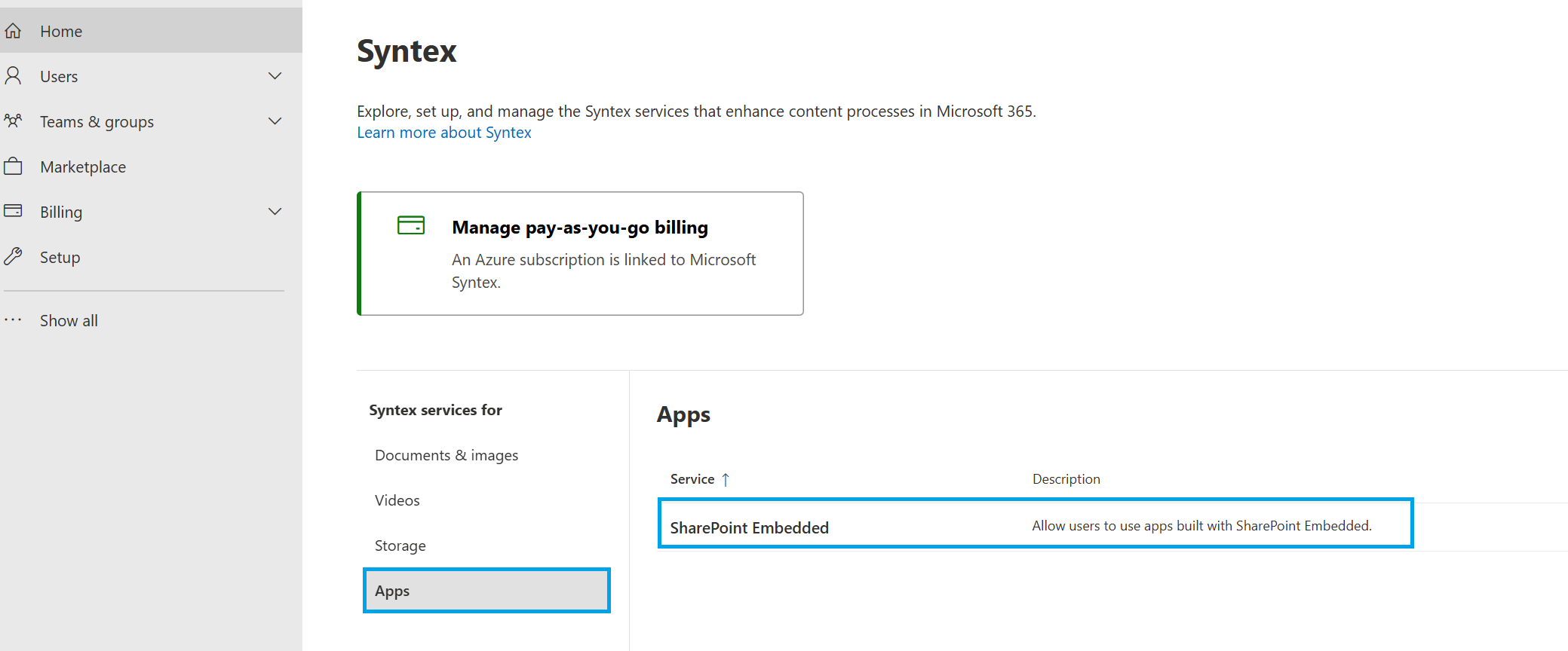 Configurações do Syntex Exibição Aplicativos com o SharePoint Embedded selecionado para configurar a cobrança.