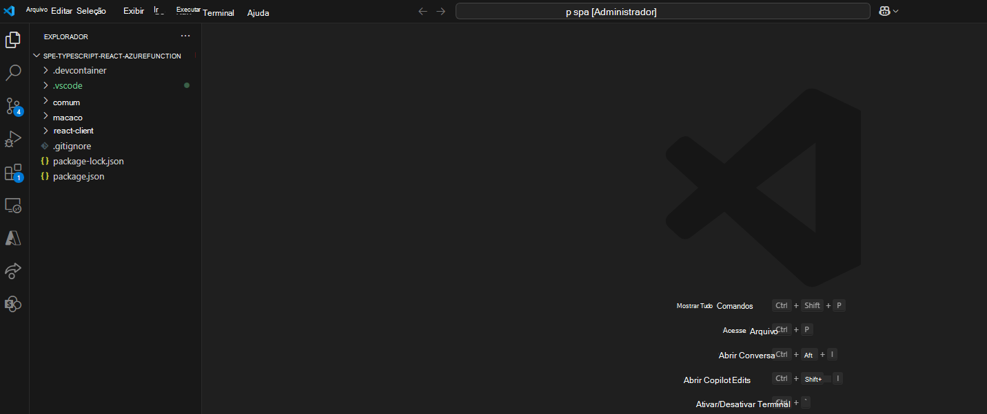 Extensão do VS Code com o SPE React Typescript + Azure Functions aplicação de exemplo clonada no computador local e aberta no VS Code