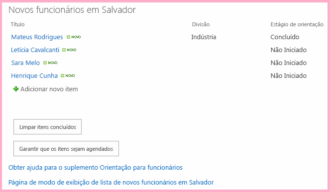 A home page Orientação de Funcionários com um novo botão adicionado, com o rótulo