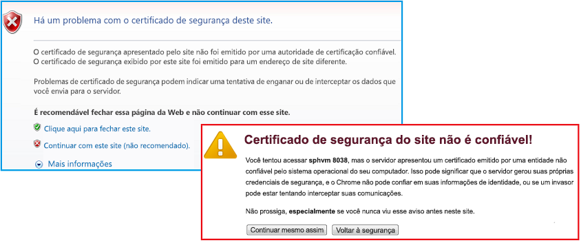 Avisos do IE e do Chrome sobre certificado autoassinado