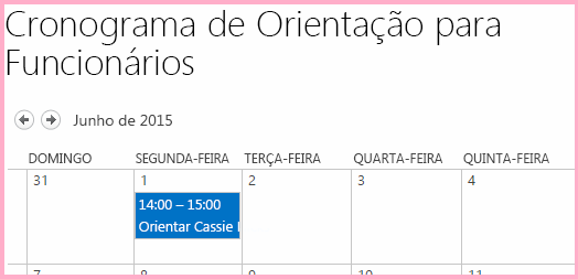 Um calendário chamado Agenda de Orientação do Funcionário com um item em 1º de junho que diz
