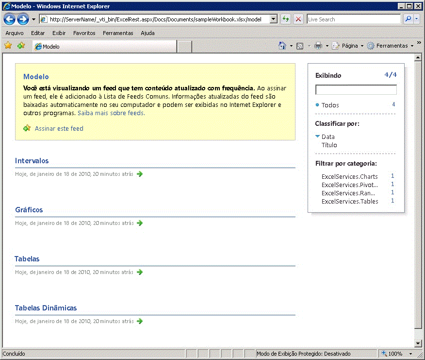 Serviços do Excel REST model URL