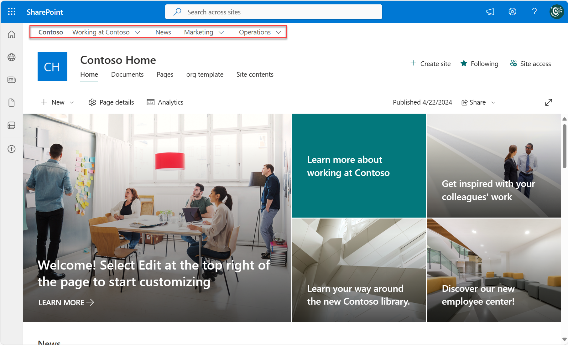 Exemplo de hubs do Microsoft Office SharePoint Online