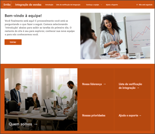 Captura de tela do novo modelo de site de integração de funcionários no SharePoint.