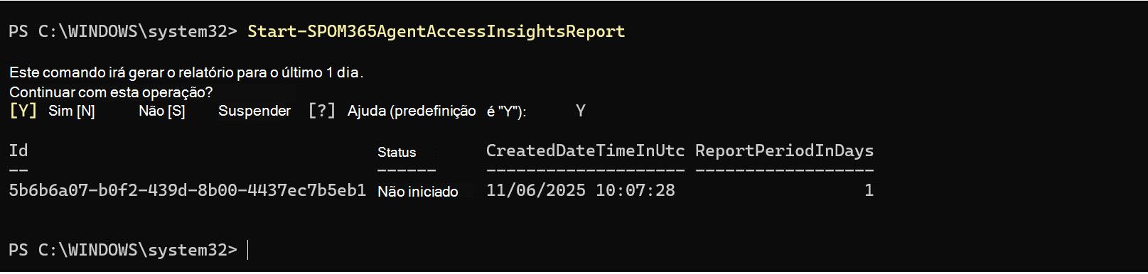 Captura de ecrã a mostrar a execução do comando Start-SPOM365AgentAccessInsightsReport no Shell de Gerenciamento do SharePoint Online.