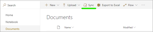 O botão Sincronizar em uma biblioteca de documentos do SharePoint