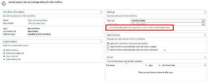 Captura de ecrã a mostrar a opção para desmarcar a opção de atualização automática na página Definições do fluxo de trabalho.