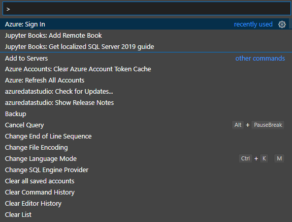 Captura de tela que mostra a paleta do Azure Data Studio.