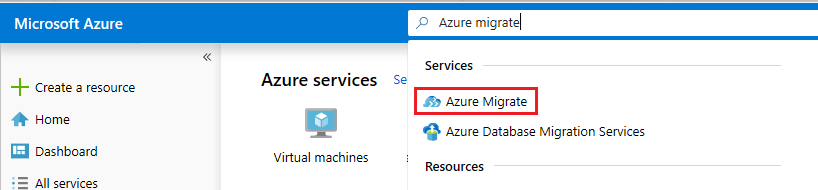 Migrações para Azure – portal do Azure – pesquisa de serviço