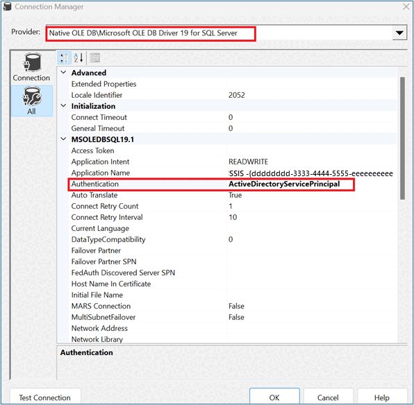 Captura de ecrã do OLE DB Connection Manager parte 1.