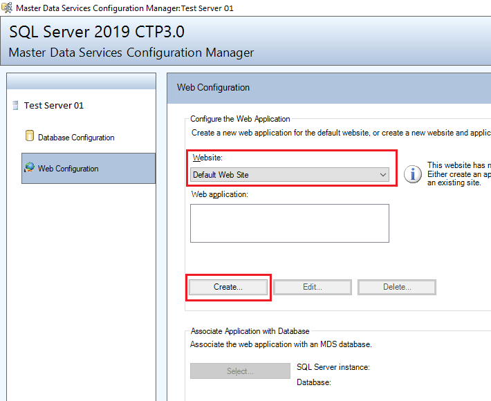 mds-SQLServer2019-Config-MI_WebConfiguration Captura de tela da caixa de diálogo do Master Data Services Configuration Manager.