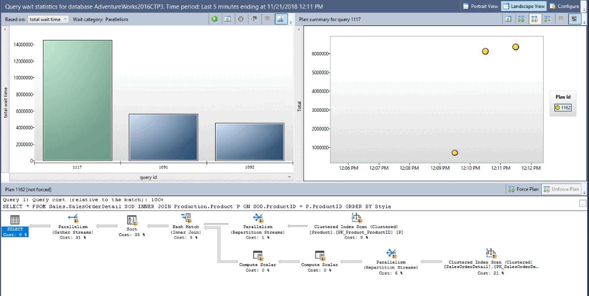 Captura de ecrã da vista detalhada das estatísticas de espera de consulta do SQL Server no Explorador de Objetos do SSMS.