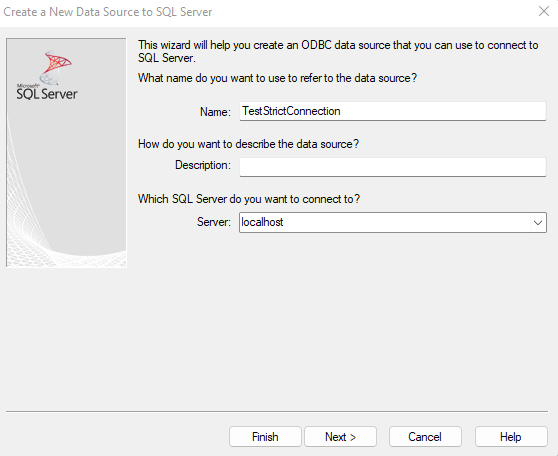 Captura de tela da criação de uma fonte de dados usando o driver ODBC.