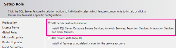 Instalação de recurso do SQL Server para a função de instalação
