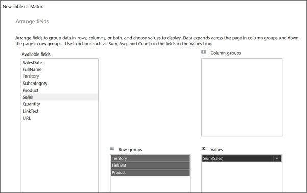 Captura de ecrã que mostra como organizar os campos de texto em Report Builder.