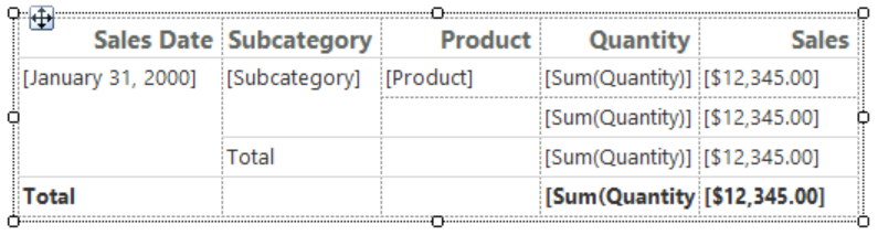 Captura de ecrã que mostra as linhas e colunas de uma tabela na superfície de design em Report Builder.
