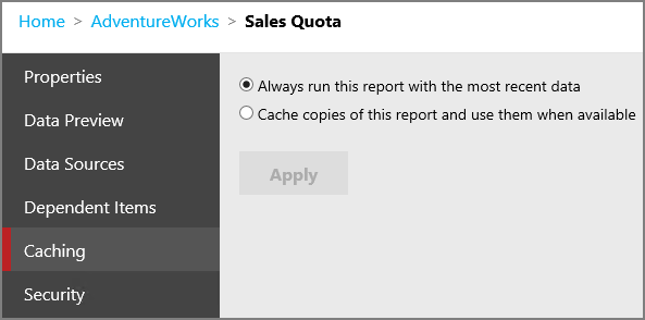 Captura de ecrã que mostra o ecrã de Caching da caixa de diálogo Editar Vendas da Empresa e a opção Executar sempre este relatório com os dados mais recentes.