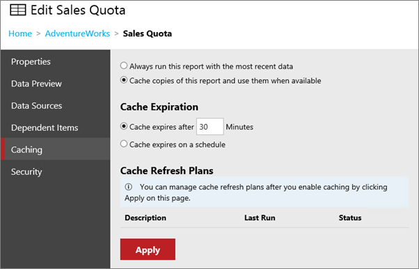 Captura de tela que mostra a tela Cache com a opção Armazenar cópias deste relatório em cache e usá-las quando disponíveis selecionada.