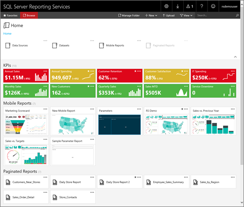 Captura de tela do portal do SQL Server Reporting Services.