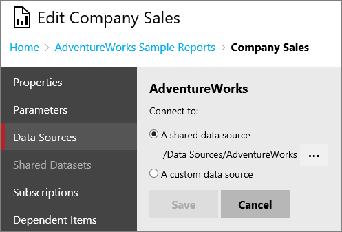 Captura de tela que mostra a tela Fontes de Dados da caixa de diálogo Editar Vendas da Empresa.