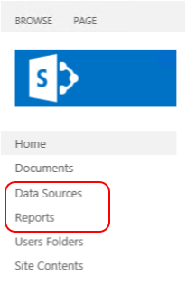 Captura de tela que mostra as opções de menu Fontes de Dados e Relatórios realçadas.