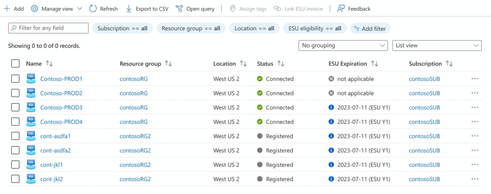 Captura de tela das instâncias do SQL Server com um valor de expiração de ESU válido.