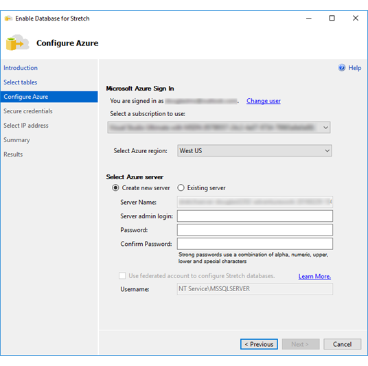 Captura de tela mostrando como criar um novo servidor do Azure – assistente do Stretch Database.