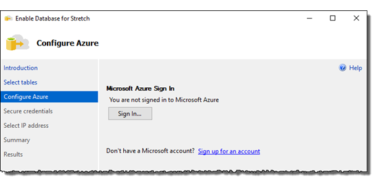 Captura de tela mostrando como entrar no Azure – assistente do Stretch Database.
