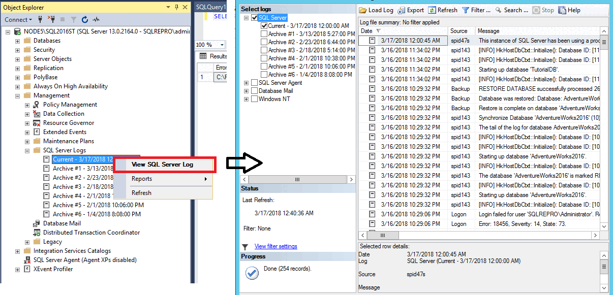 Captura de tela de Exibir o log de erros no SSMS.