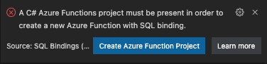 Captura de tela de uma notificação do VS Code para criar um projeto de Função do Azure, pois nenhum foi localizado na pasta.