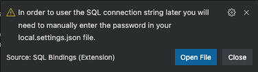 Captura de tela de um aviso para adicionar senha à cadeia de conexão SQL mais tarde manualmente.