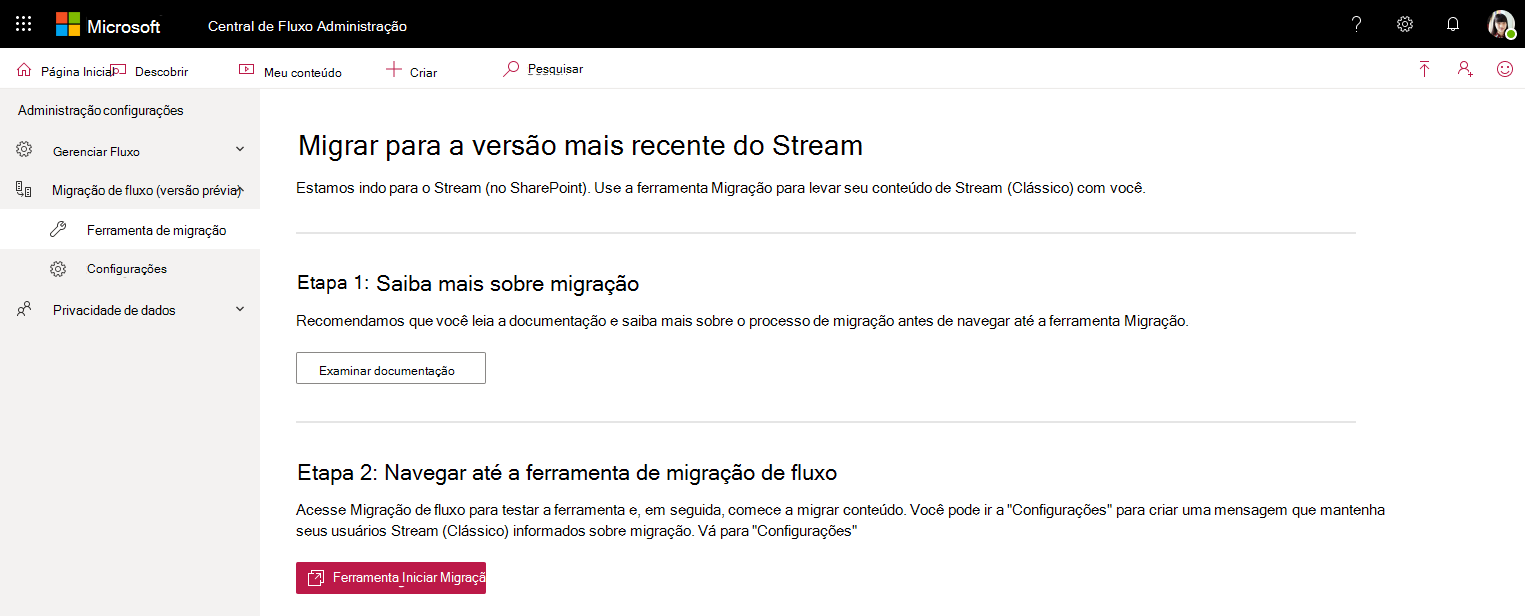 Página Stream centro de administração da ferramenta de migração