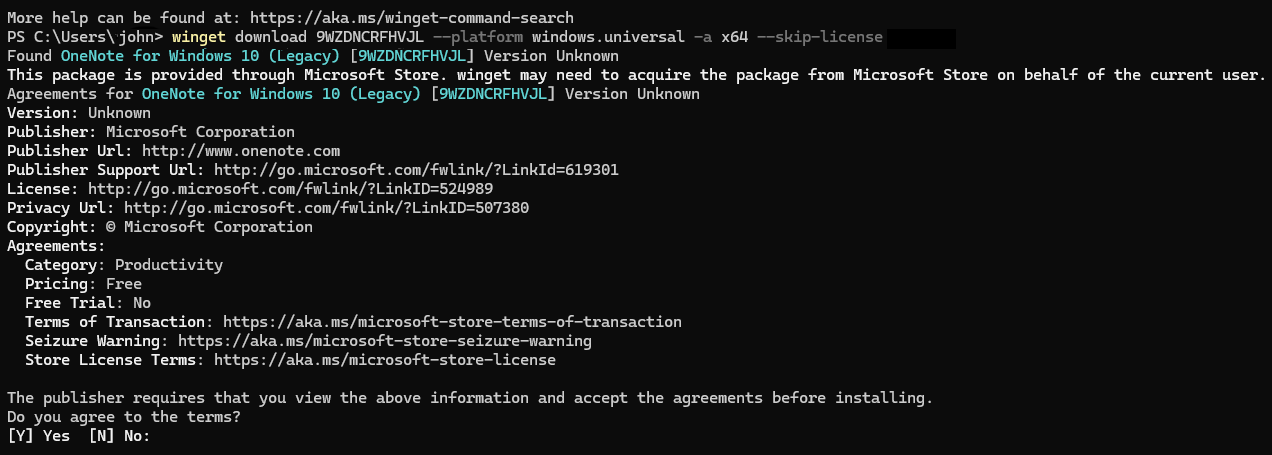 Captura de tela do download do aplicativo via WinGet.