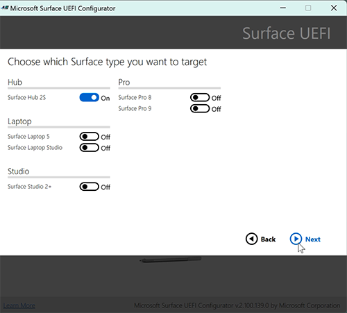 Captura de ecrã a mostrar onde selecionar o Surface Hub 2S.