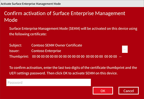 Captura de ecrã a mostrar a caixa de diálogo confirmar ativação onde introduz o thumbprint do certificado de dois carateres e a palavra-passe das definições de UEFI.