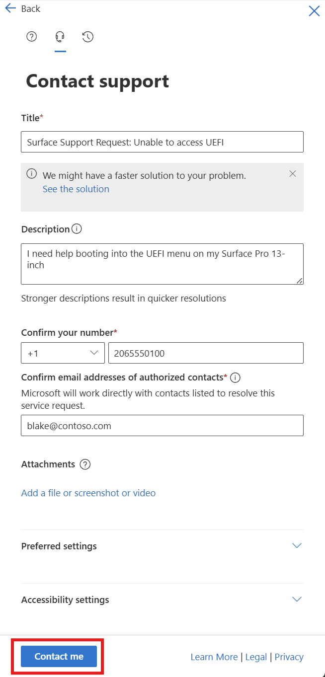 Captura de ecrã a mostrar a lista de opções Contactar o Suporte com uma caixa vermelha à volta do botão Contacte-me.