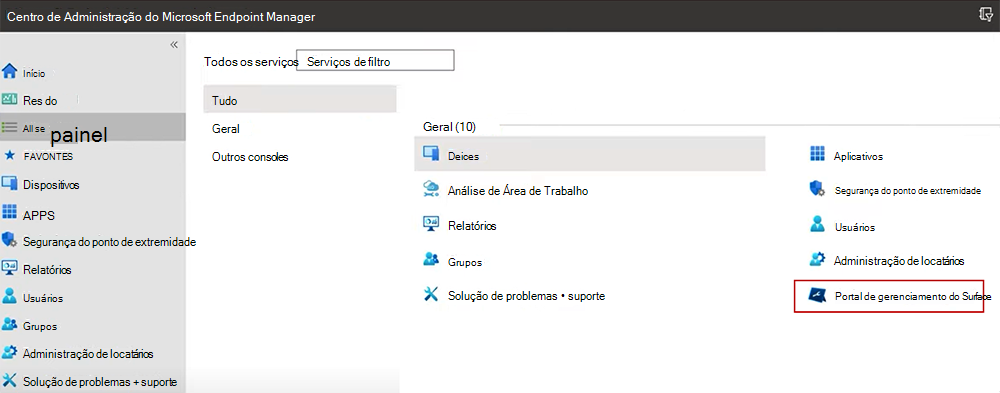 Captura de ecrã a mostrar o Portal de Gestão do Surface na home page do centro de administração do Intune.