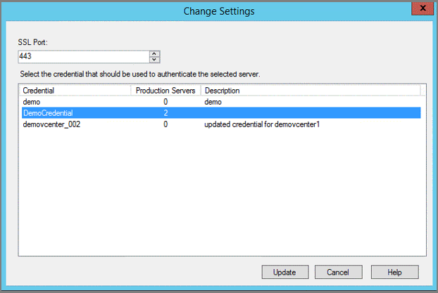Captura de ecrã a mostrar Credenciais de Vista de Exemplo do servidor DPM.