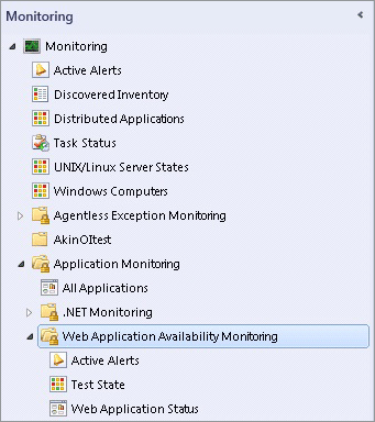 Captura de ecrã da pasta Monitorização da Disponibilidade de Aplicações Web.
