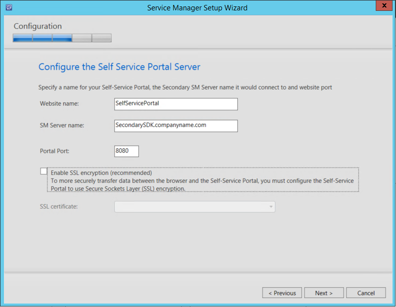 Captura de ecrã a mostrar a configuração do servidor do portal do Self-Service.