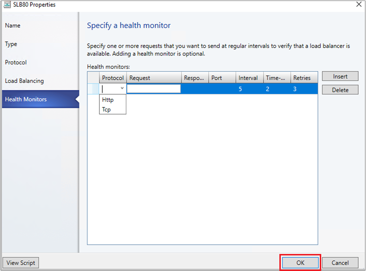 Captura de ecrã a mostrar a opção Adicionar monitor de estado de funcionamento.