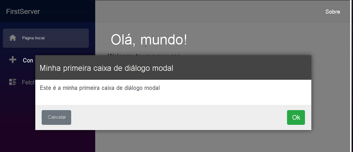 Captura de tela da caixa de diálogo modal a ser criada no aplicativo de modelo Blazor padrão.