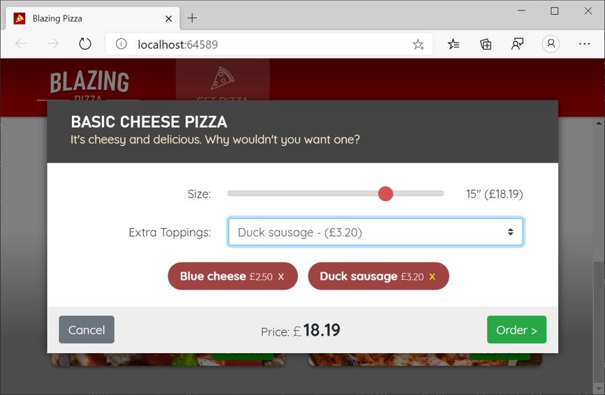 Captura de tela de um exemplo de componente de janela modal que pode ser compartilhado entre aplicativos Blazor.