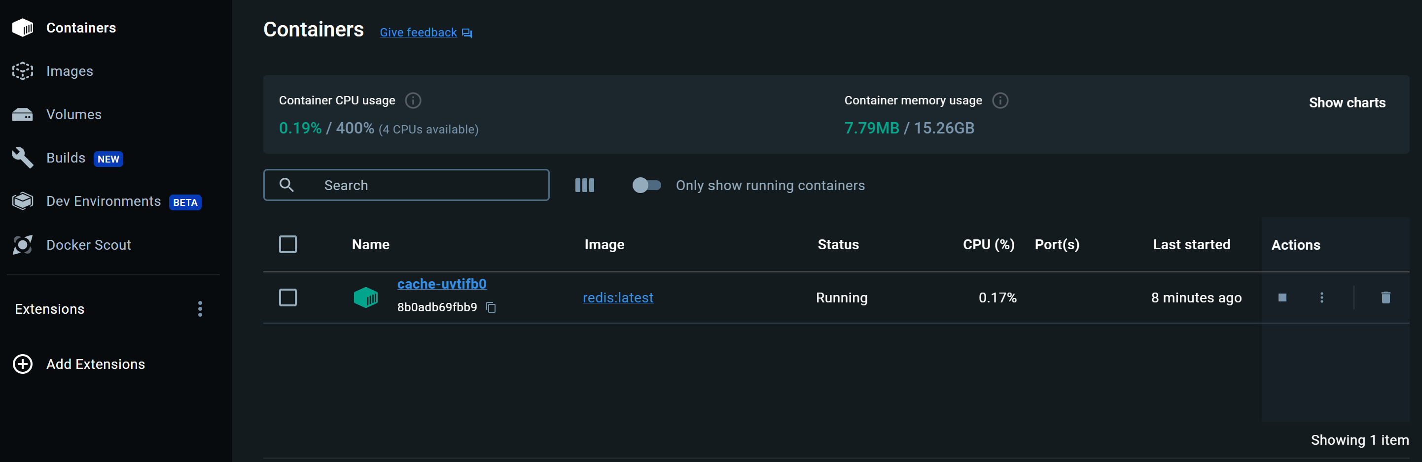Uma captura de tela do contêiner Redis em execução no Docker Desktop.