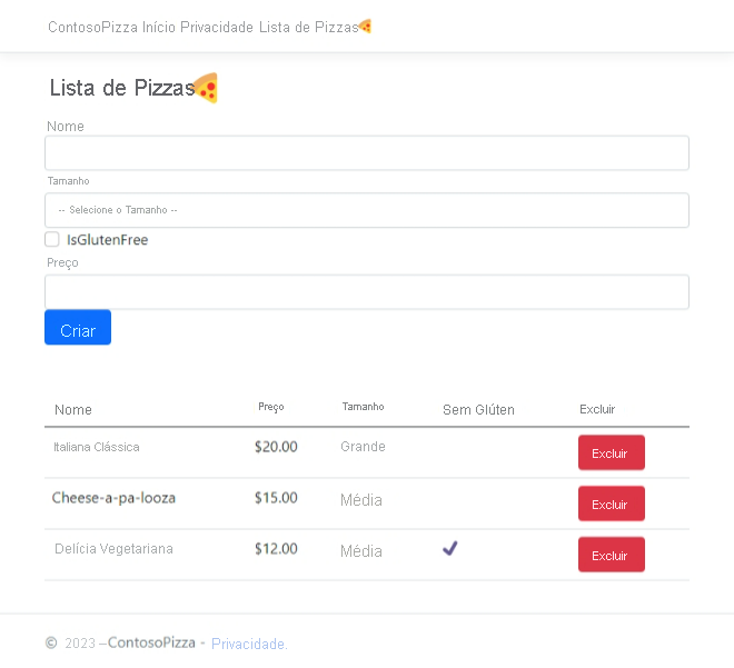 Captura de ecrã da página PizzaList com o novo formulário de pizza.