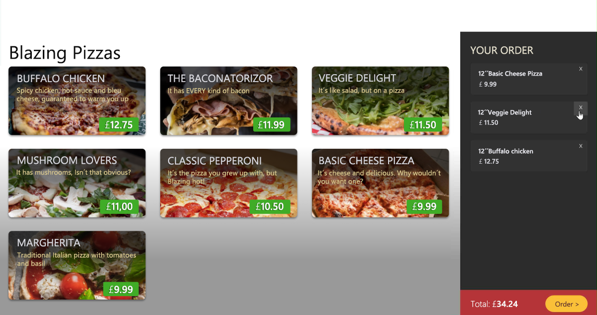 Captura de ecrã a mostrar a barra lateral da encomenda com uma encomenda.